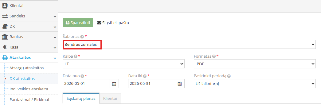 Bendro žurnalo ataskaitos pasirinkimo langas